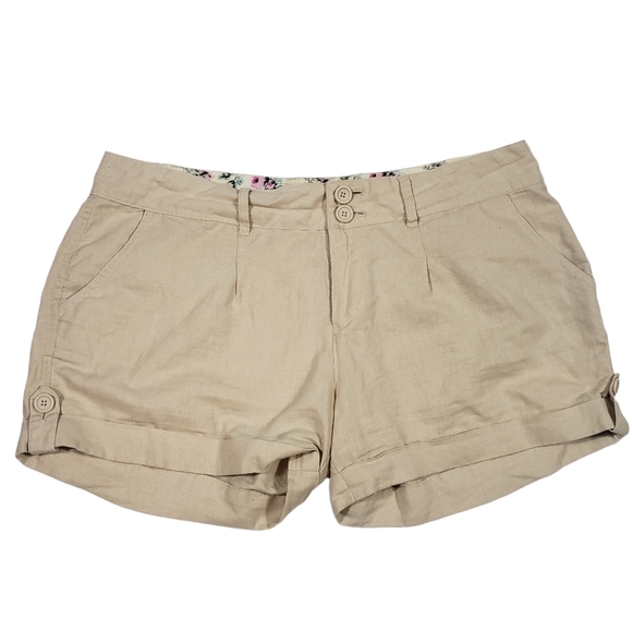 Papaya Tan Beige 100% Linen Shorts Size Large Cuffed Lightweight Breathable - Picture 1 of 13